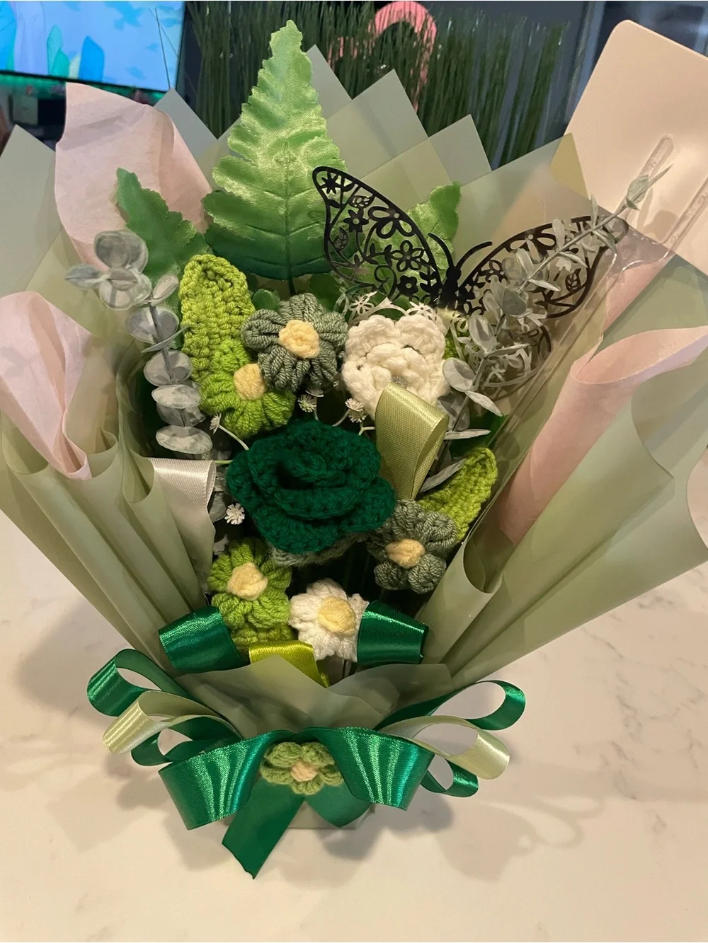 Handcrafted Green Crochet Flower Bouquet - Home Accents